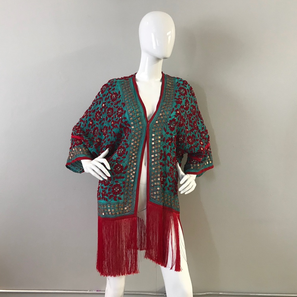 Beautiful Embroidered Fringe Blue Robe/Jacket - Picture 2 of 8